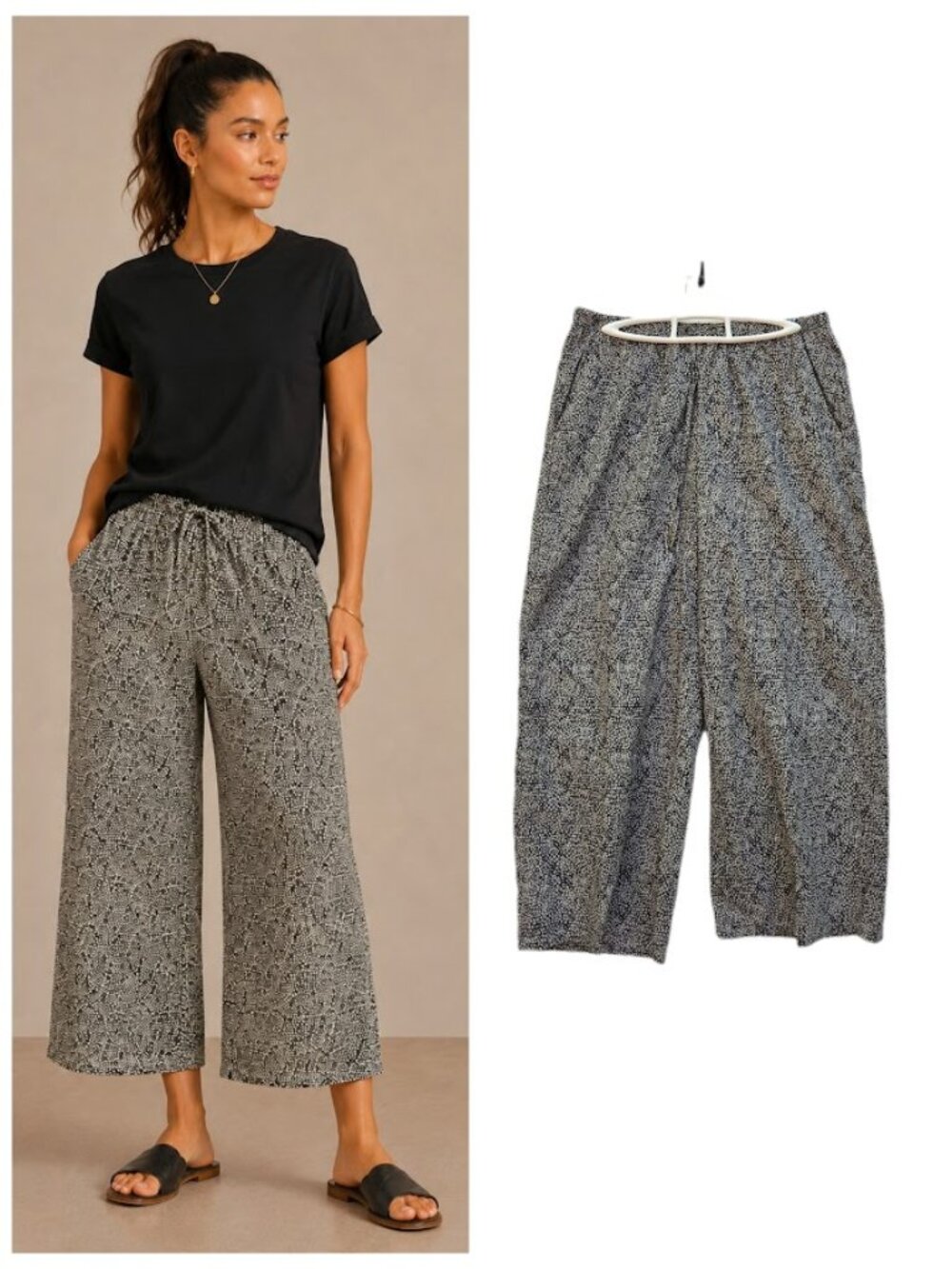 Eileen Fisher 100% Organic Cotton Pebble Black Droplet Cropped Pants Black Tan M
